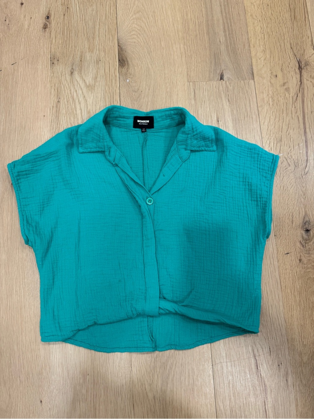Monrow Teal Short-Sleeve Button Front Crop Top